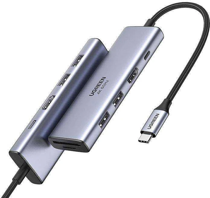 Ugreen daugiafunkcinis C tipo USB šakotuvas - 2x USB 3.2 Gen 1 / HDMI 4K 60Hz / SD ir TF kortelių skaitytuvas / C tipo USB PD 100W pilkos spalvos (60384 CM511)