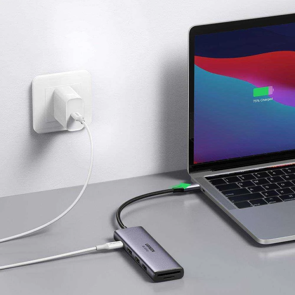 Ugreen daugiafunkcinis C tipo USB šakotuvas - 2x USB 3.2 Gen 1 / HDMI 4K 60Hz / SD ir TF kortelių skaitytuvas / C tipo USB PD 100W pilkos spalvos (60384 CM511)