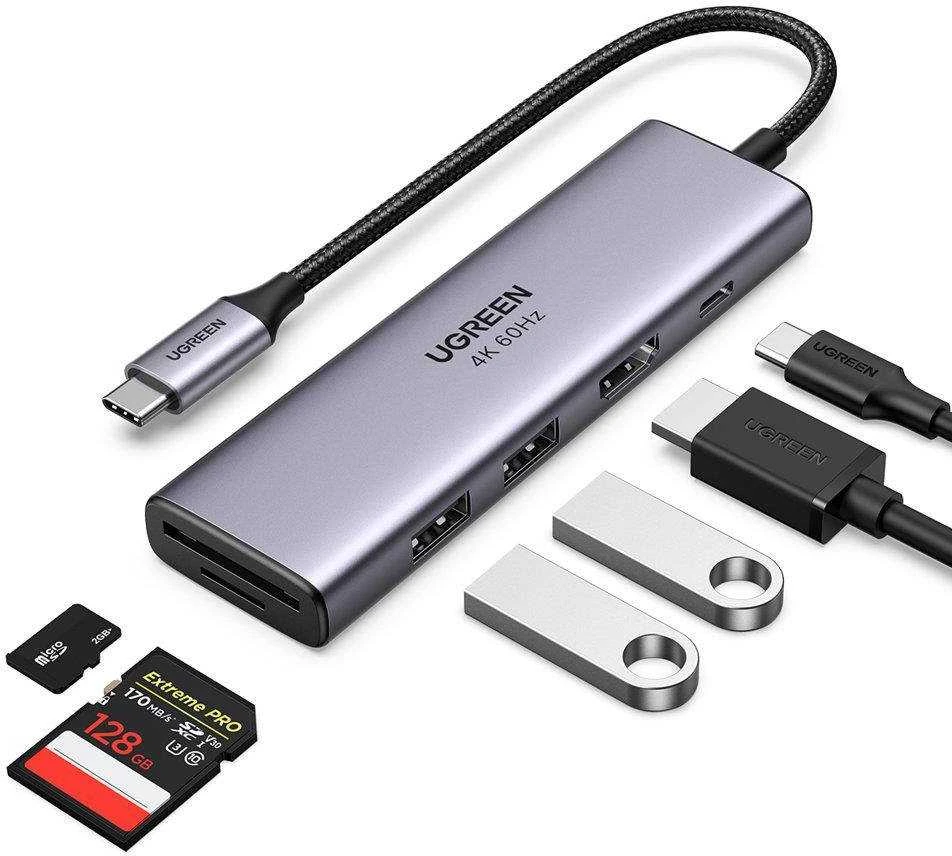 Ugreen daugiafunkcinis C tipo USB šakotuvas - 2x USB 3.2 Gen 1 / HDMI 4K 60Hz / SD ir TF kortelių skaitytuvas / C tipo USB PD 100W pilkos spalvos (60384 CM511)