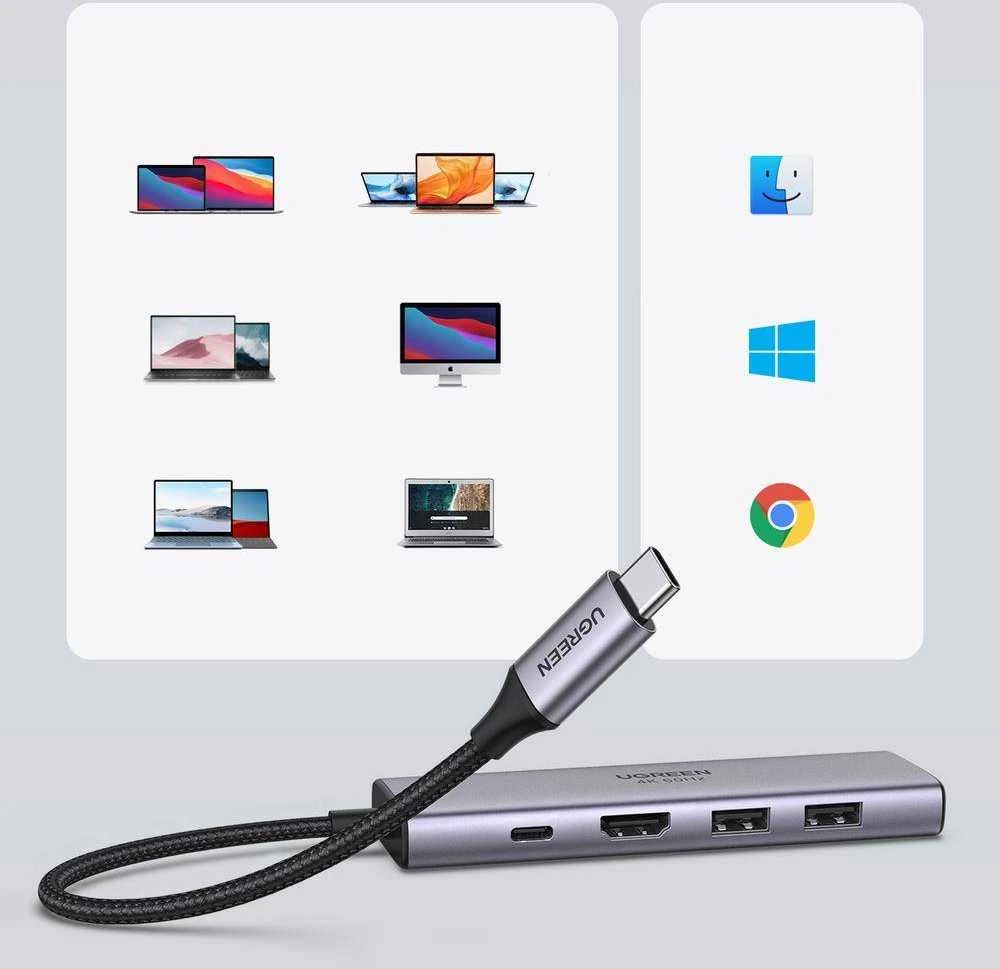 Ugreen daugiafunkcinis C tipo USB šakotuvas - 2x USB 3.2 Gen 1 / HDMI 4K 60Hz / SD ir TF kortelių skaitytuvas / C tipo USB PD 100W pilkos spalvos (60384 CM511)