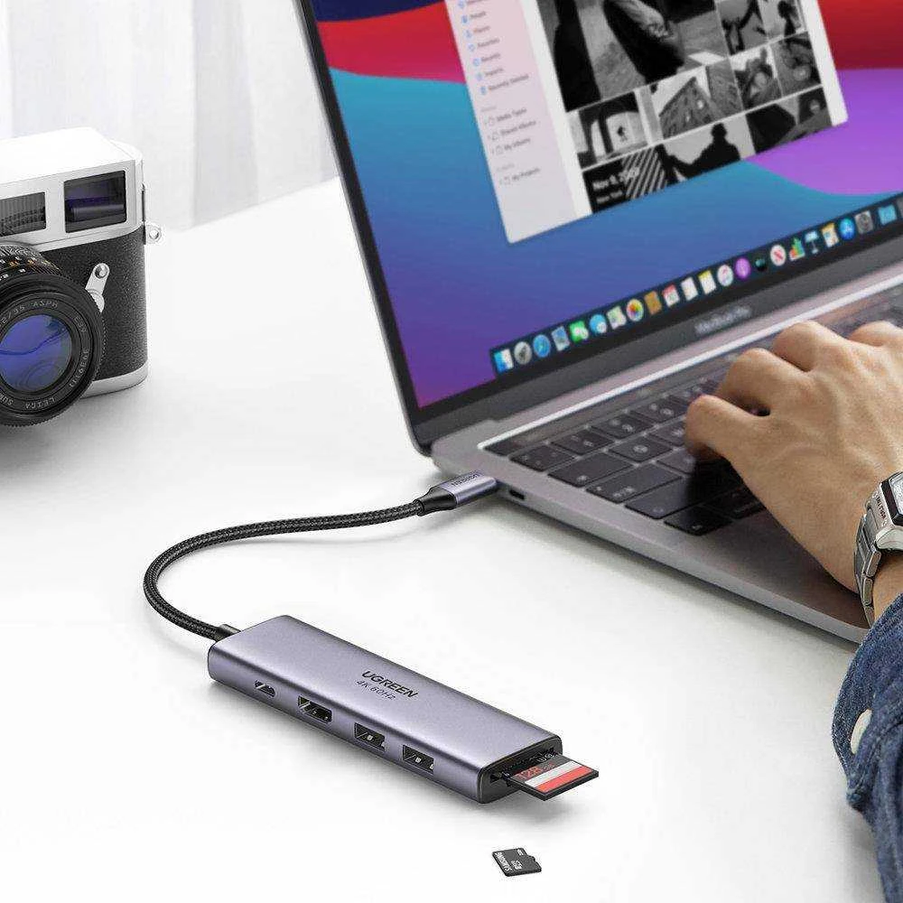 Ugreen daugiafunkcinis C tipo USB šakotuvas - 2x USB 3.2 Gen 1 / HDMI 4K 60Hz / SD ir TF kortelių skaitytuvas / C tipo USB PD 100W pilkos spalvos (60384 CM511)