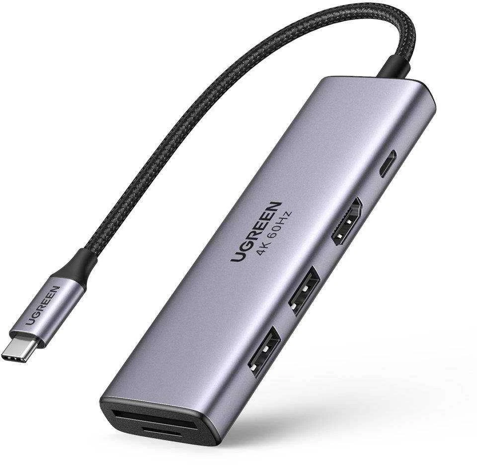 Ugreen daugiafunkcinis C tipo USB šakotuvas - 2x USB 3.2 Gen 1 / HDMI 4K 60Hz / SD ir TF kortelių skaitytuvas / C tipo USB PD 100W pilkos spalvos (60384 CM511)