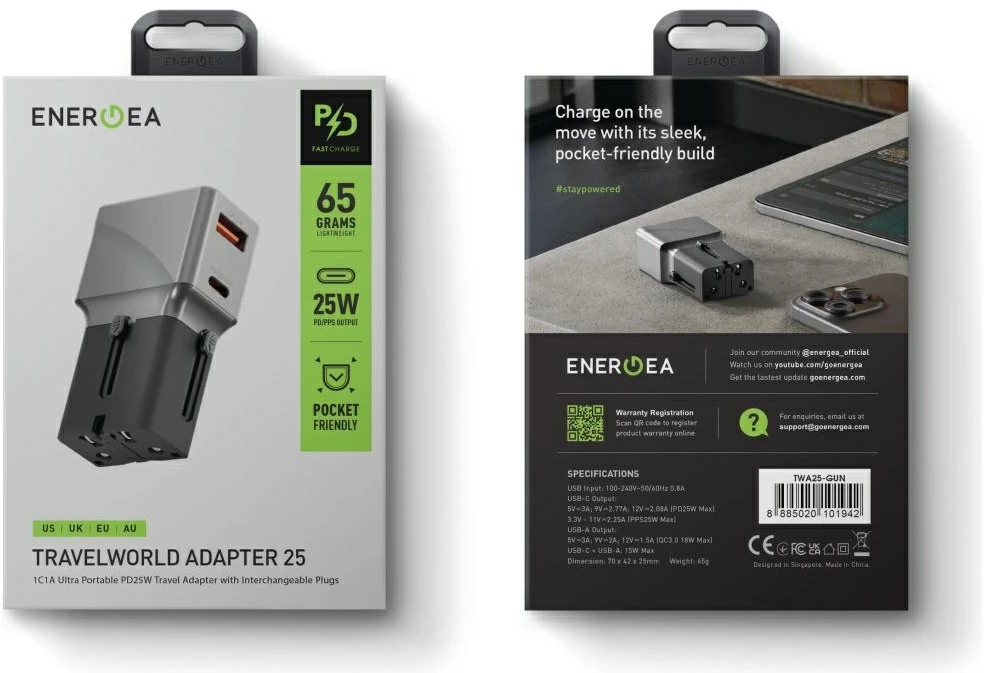 Adapteris Energea TravelWorld 1A1C 25W juodas gunmetal