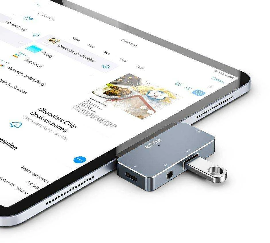 Adapteris HUB 4in1 SB-C – USB + USB-C + HDMI + AUX Minijack 3.5mm Tech-Protect V6 pilkos spalvos