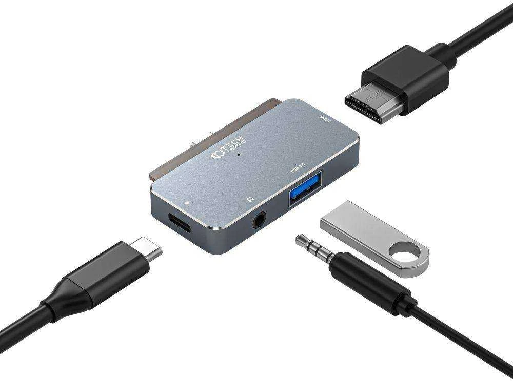Adapteris HUB 4in1 SB-C – USB + USB-C + HDMI + AUX Minijack 3.5mm Tech-Protect V6 pilkos spalvos