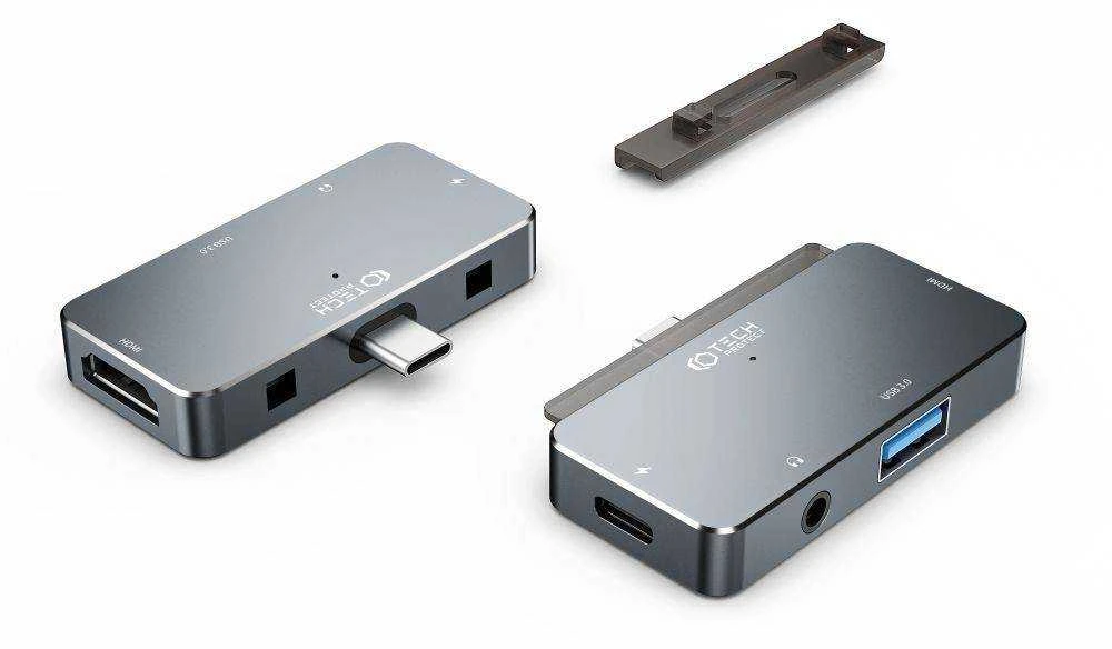 Adapteris HUB 4in1 SB-C – USB + USB-C + HDMI + AUX Minijack 3.5mm Tech-Protect V6 pilkos spalvos