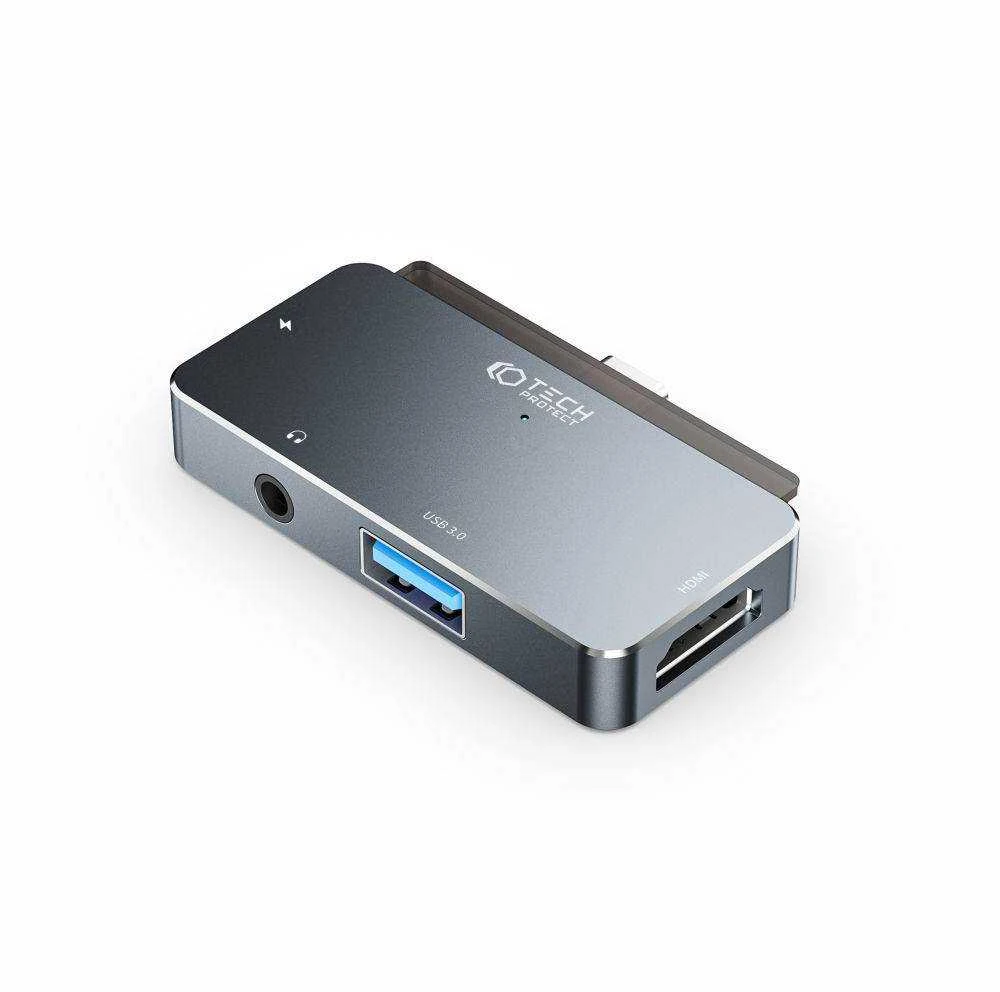 Adapteris HUB 4in1 SB-C – USB + USB-C + HDMI + AUX Minijack 3.5mm Tech-Protect V6 pilkos spalvos