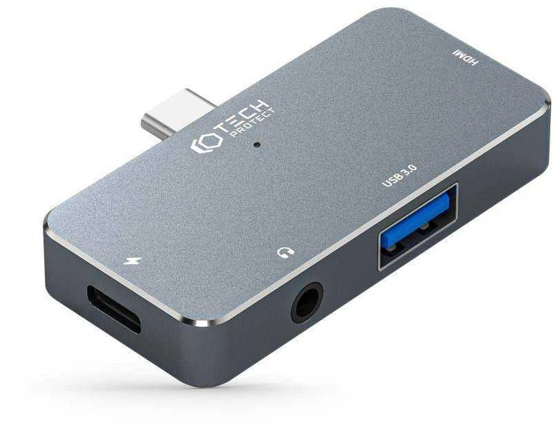 Adapteris HUB 4in1 SB-C – USB + USB-C + HDMI + AUX Minijack 3.5mm Tech-Protect V6 pilkos spalvos