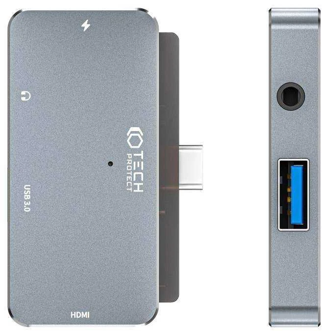 Adapteris HUB 4in1 SB-C – USB + USB-C + HDMI + AUX Minijack 3.5mm Tech-Protect V6 pilkos spalvos
