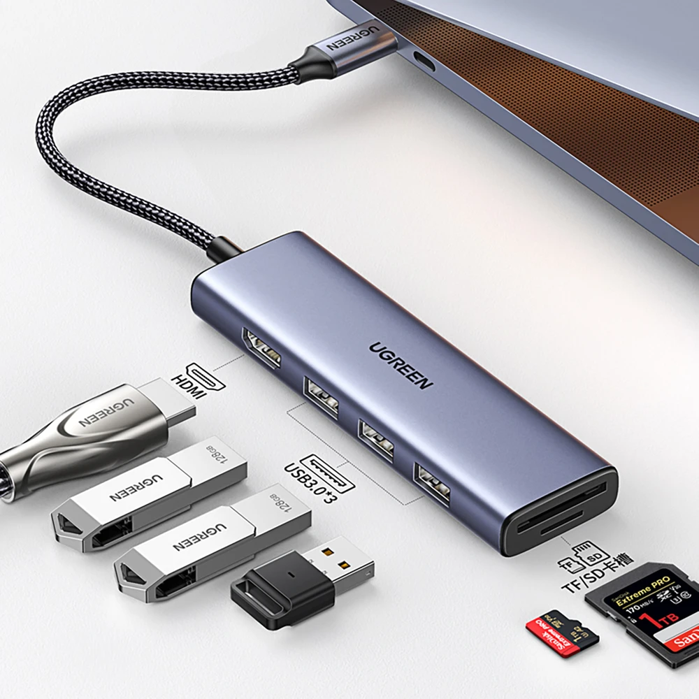 Adapteris HUB UGREEN CM511 USB-C prie HDMI, 3x USB-A 3.0, SD/TF