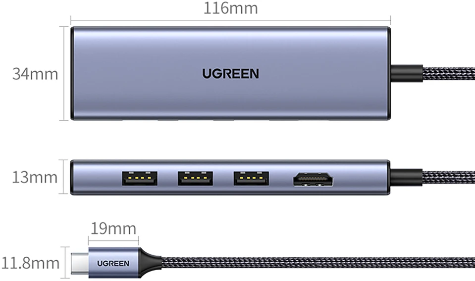 Adapteris HUB UGREEN CM511 USB-C prie HDMI, 3x USB-A 3.0, SD/TF