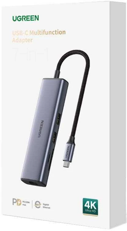 Adapterio šakotuvas UGREEN, USB-C iki 2x USB 3.0, HDMI, RJ45, SD/TF