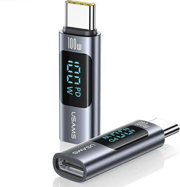USAMS Adapteris AU18 USB-C – USB-CDigital Ekranas 100W steel/aluminum SJ682TC01 (US-SJ682)
