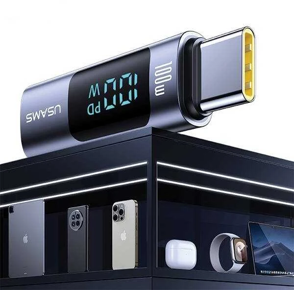 USAMS Adapteris AU18 USB-C – USB-CDigital Ekranas 100W steel/aluminum SJ682TC01 (US-SJ682)