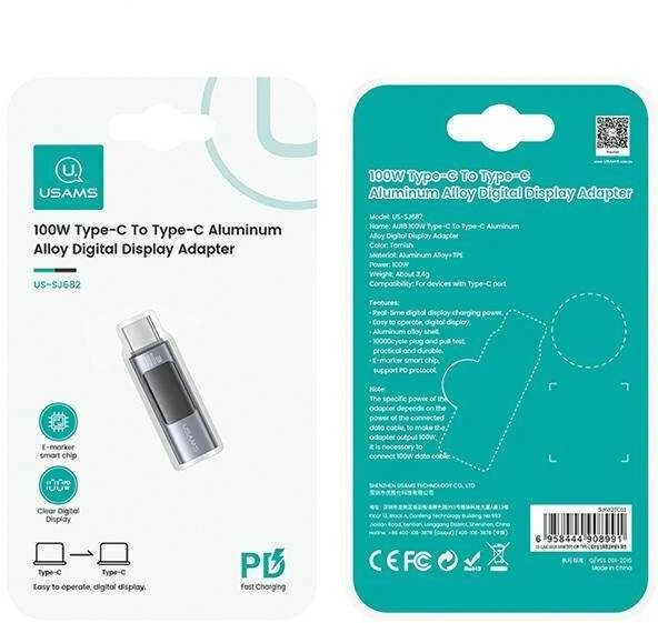 USAMS Adapteris AU18 USB-C – USB-CDigital Ekranas 100W steel/aluminum SJ682TC01 (US-SJ682)