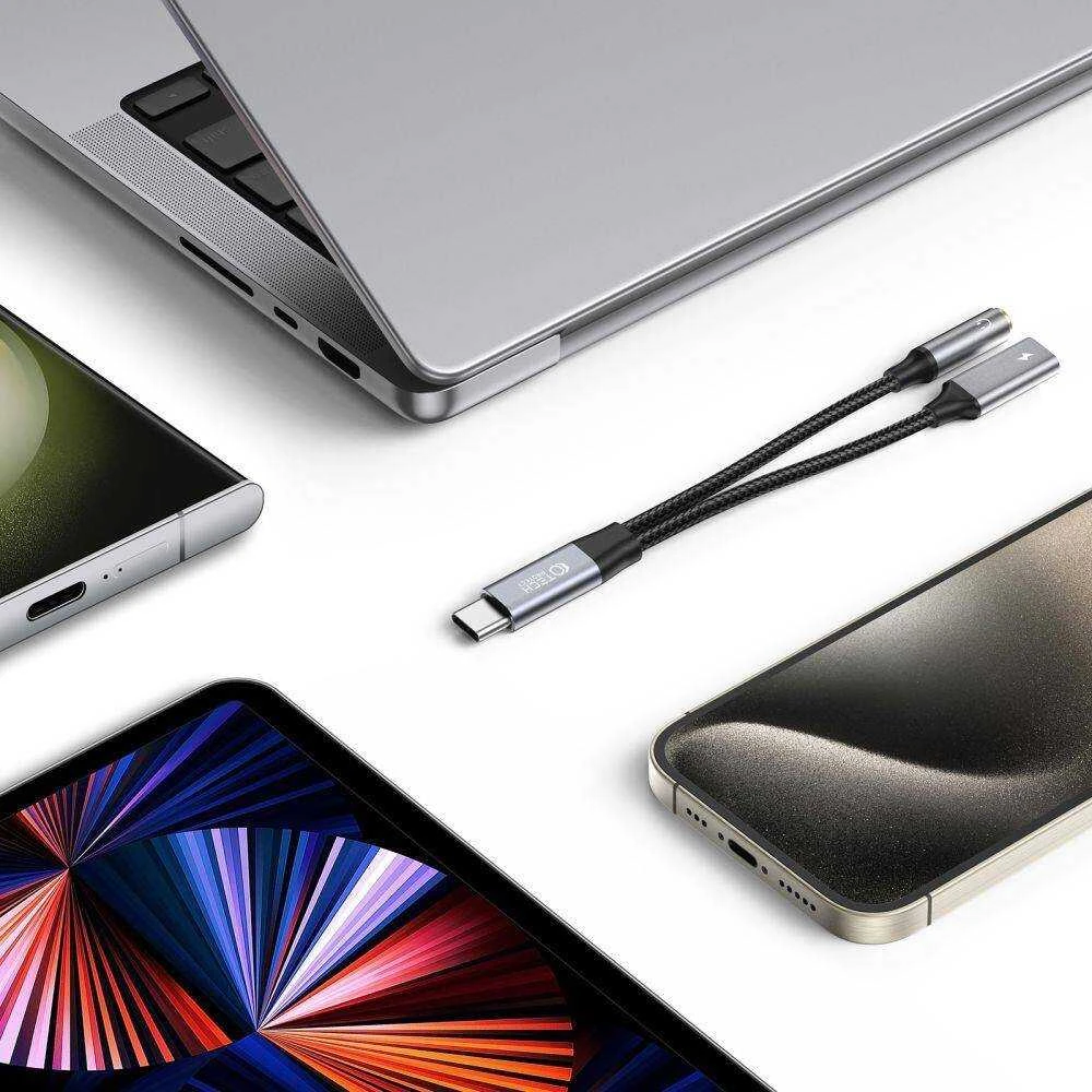 Adapteris USB-C – USB-C + mini jack 3,5mm Tech-Protect UltraBoost juodos spalvos