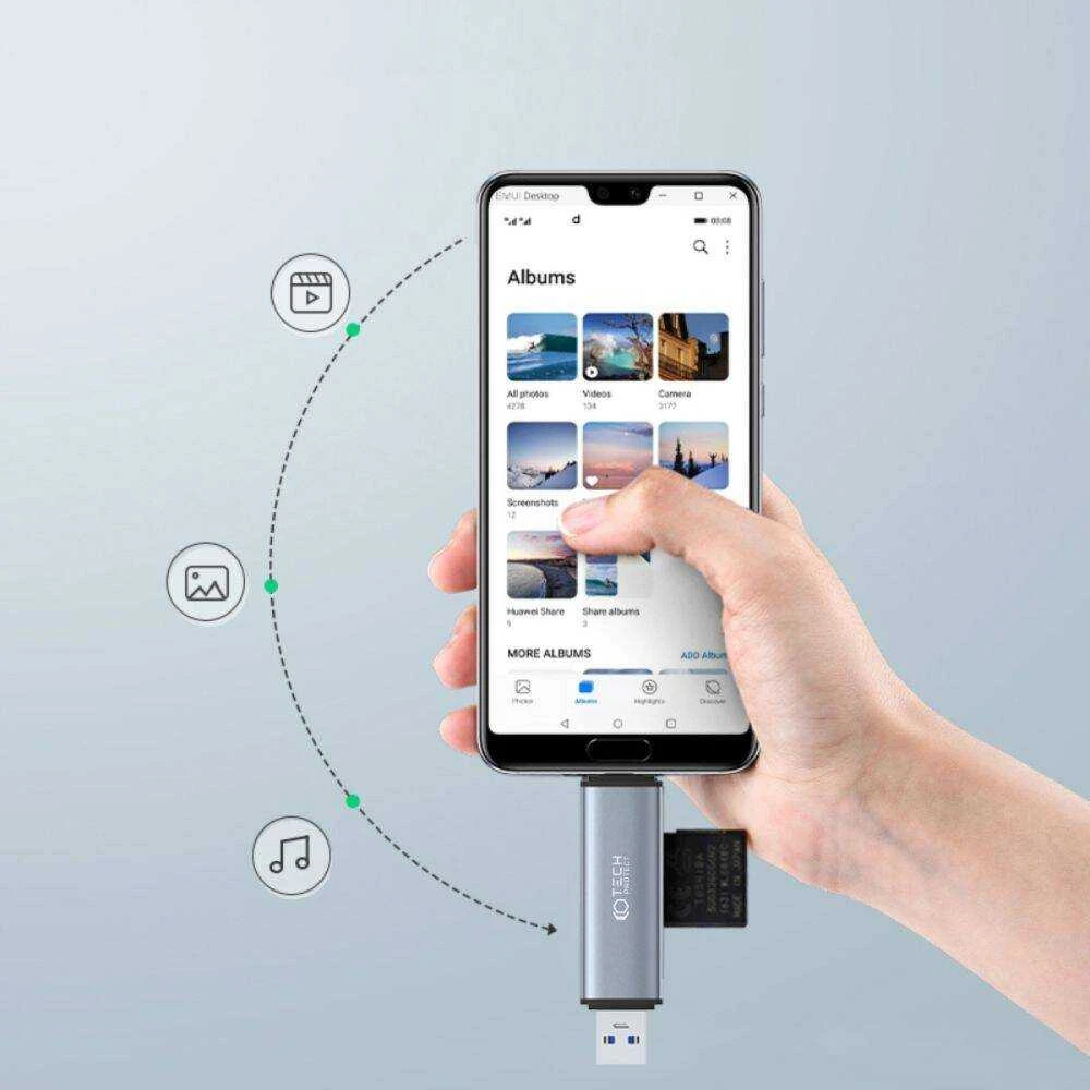 Adapteris USB + USB-C SD kortelių skaitytuvas + Micro SD Tech-Protect UltraBoost pilkos spalvos