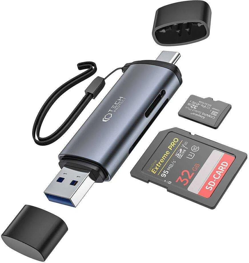 Adapteris USB + USB-C SD kortelių skaitytuvas + Micro SD Tech-Protect UltraBoost pilkos spalvos