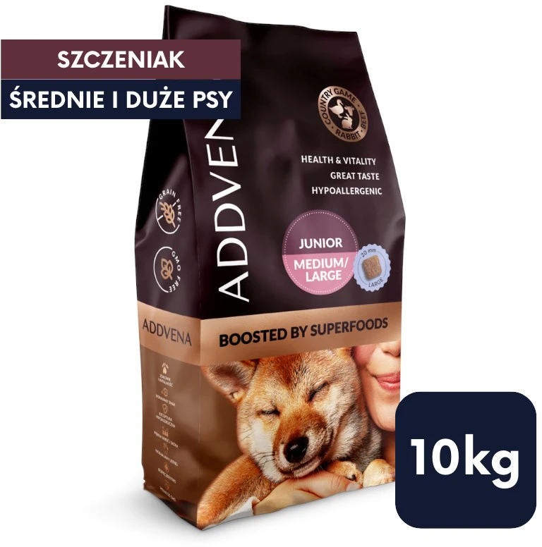 Šunų maistas - ADDVENA Junior Medium/Large jautiena 28.1% Protein Grain-Free 10kg