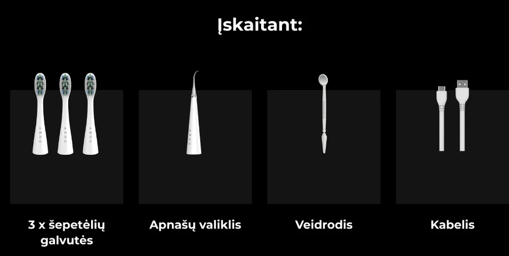 AENO Sonic elektrinis dantų šepetėlis, DB8: Baltas, 3 režimai, 3 šepetėlių galvutės + 1 valymo įrankis, 1 veidrodis, 30000 aps./min., 100 dienų be įkrovimo, IPX7