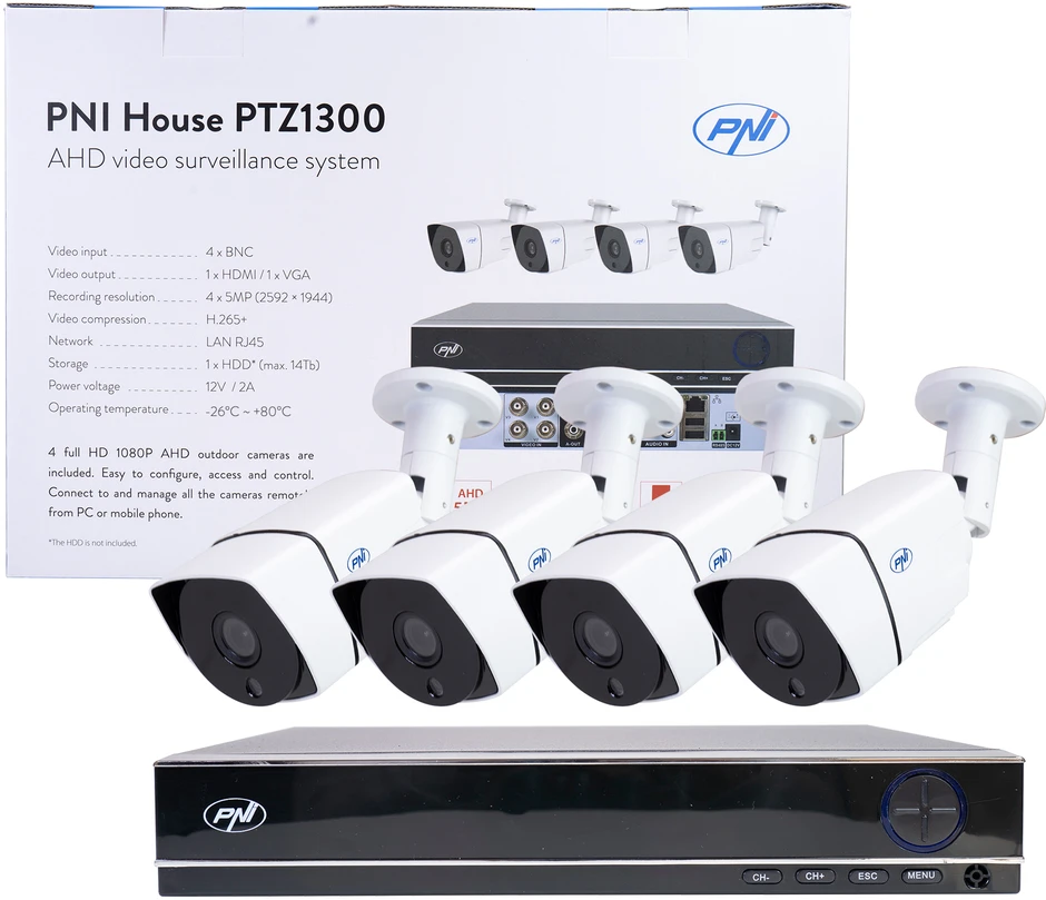 AHD PNI House PTZ1300 Full HD vaizdo stebėjimo rinkinys – NVR ir 4 lauko kameros 2MP full HD 1080P