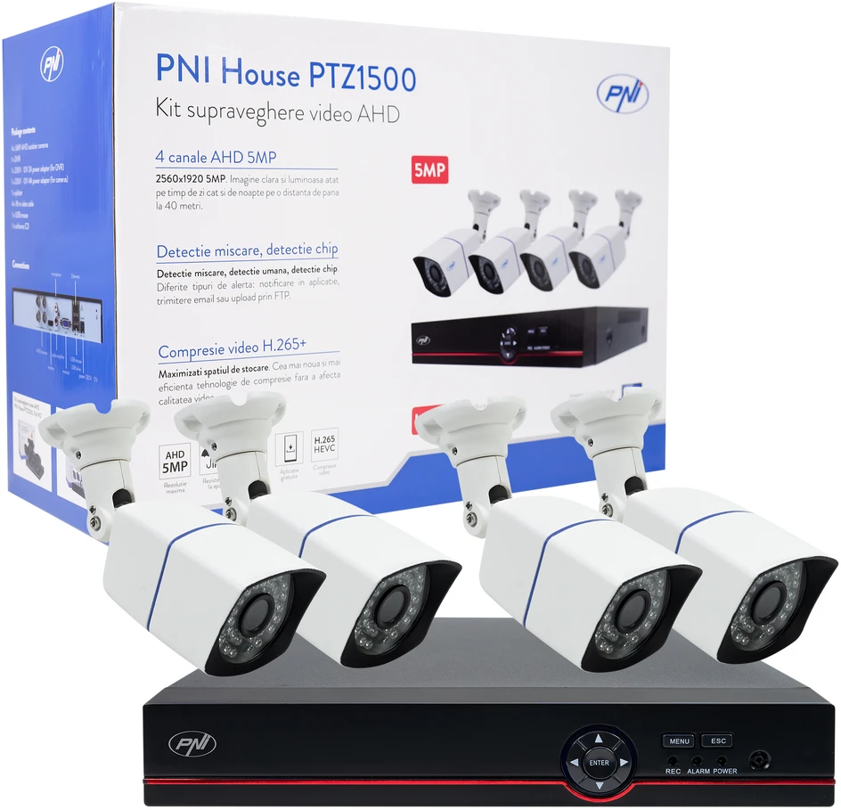 AHD PNI House PTZ1500 5MP vaizdo stebėjimo rinkinys – DVR ir 4 lauko kameros