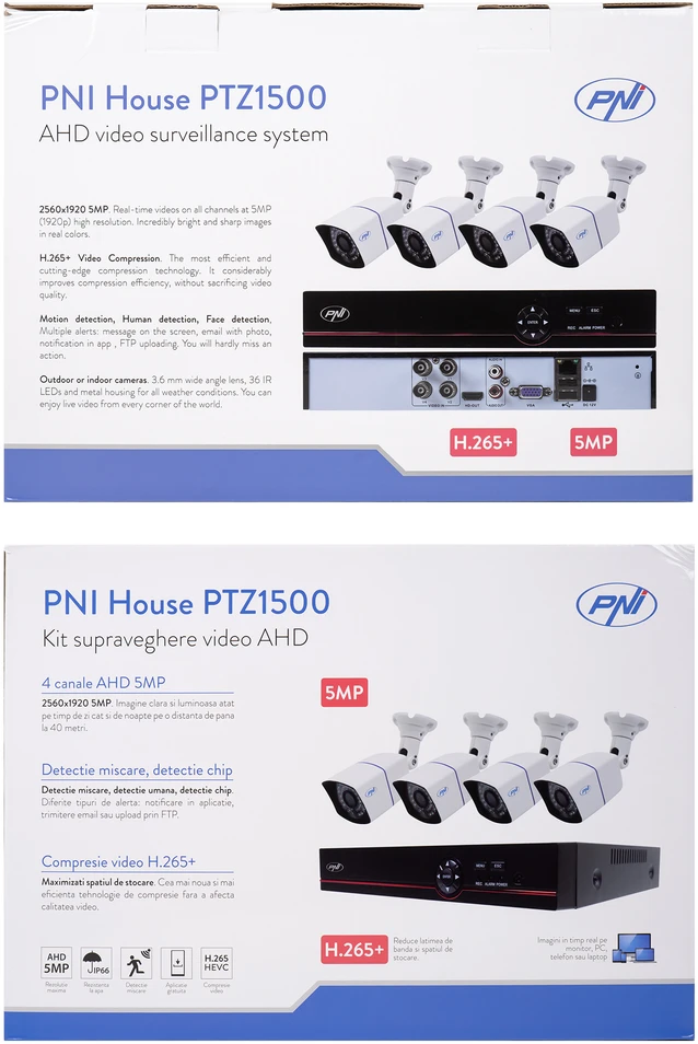 AHD PNI House PTZ1500 5MP vaizdo stebėjimo rinkinys – DVR ir 4 lauko kameros