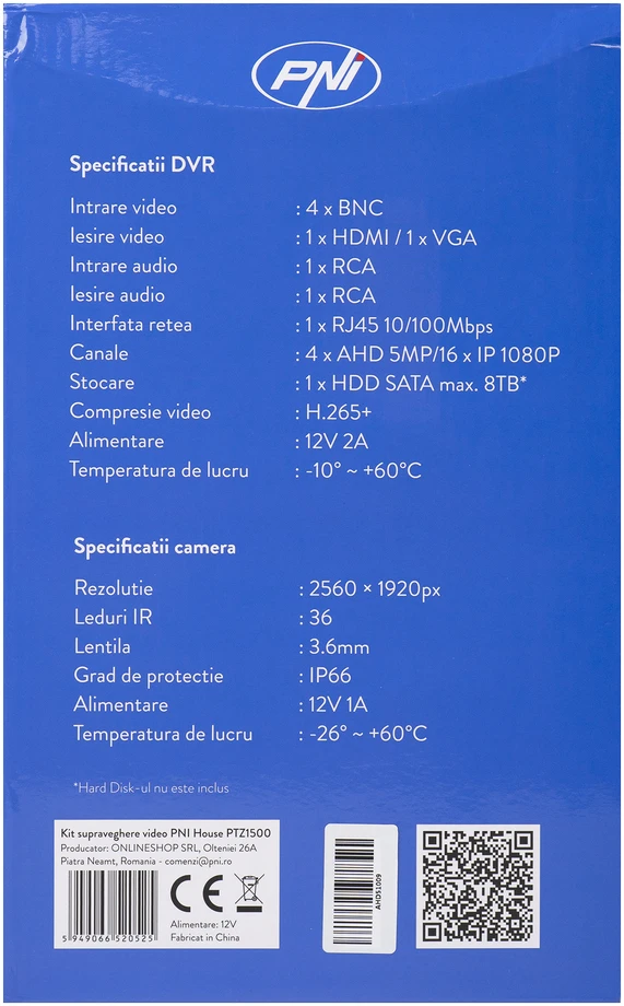AHD PNI House PTZ1500 5MP vaizdo stebėjimo rinkinys – DVR ir 4 lauko kameros