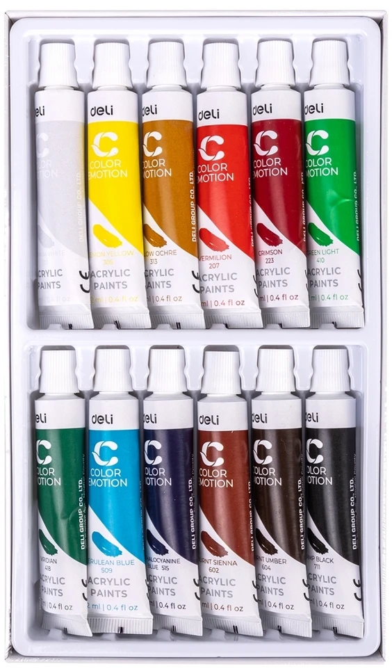 Akriliniai dažai DELI, 12 spalvų, 12ml tūbelėse