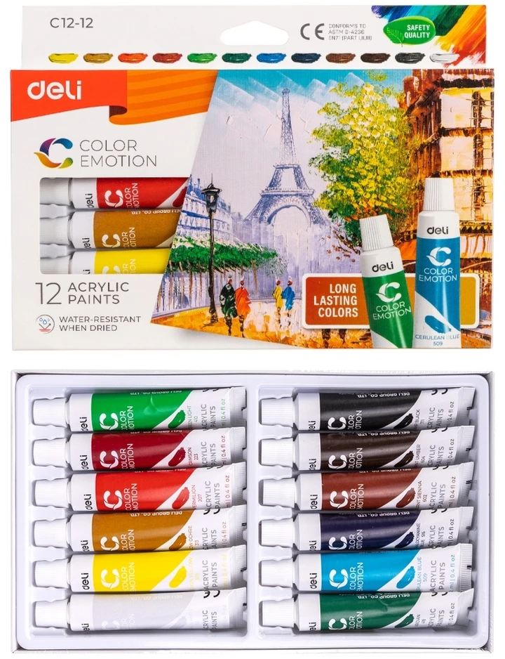 Akriliniai dažai DELI, 12 spalvų, 12ml tūbelėse