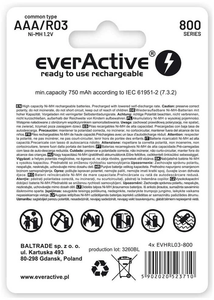 Įkraunamos baterijos everActive Ni-MH R03 AAA 800 mAh Sidabrinis Line