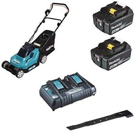 Makita DLM382PM2 akumuliatorinė vejapjovė 2 x 18 V, 38 cm, 2 x 4,0 Ah ličio jonų akumuliatoriai DC18RD 3 viename (pjovimas / surinkimas / mulčiavimas)