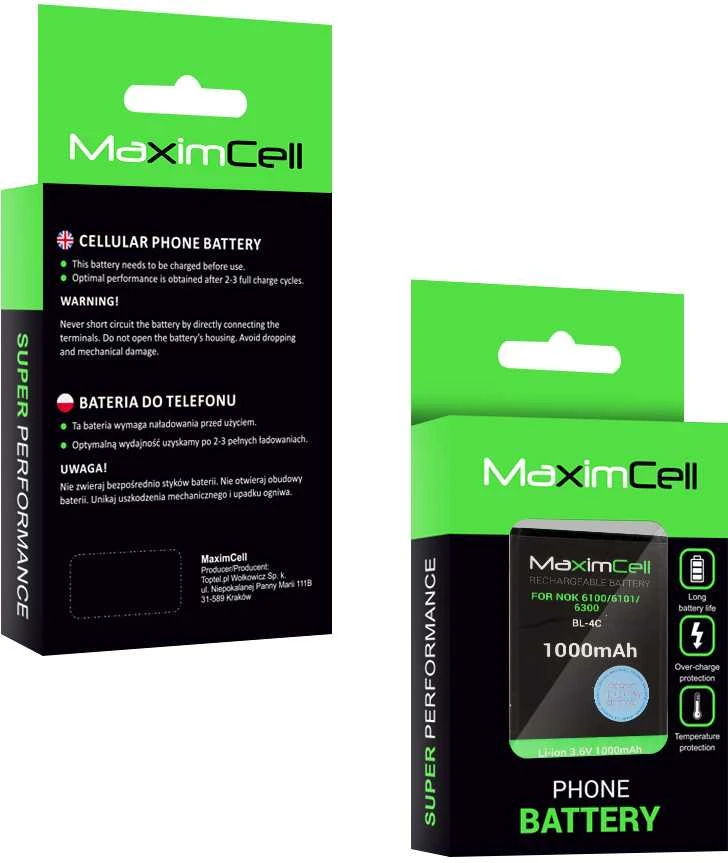Akumuliatorius Maximcell skirtas Nokia 6100/6101/6300 (BL-4C) 1000mAh Li-ion