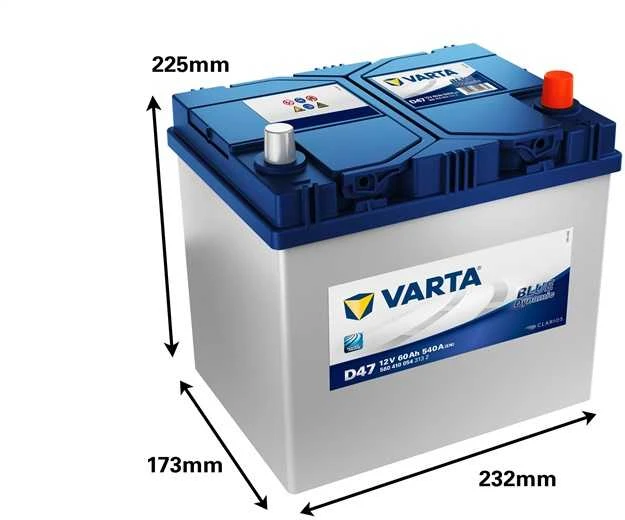 Varta D47 akumuliatorius su nurodytais techniniais matmenimis
