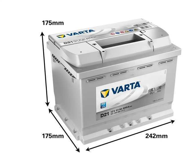 Varta 12V 61Ah akumuliatorius su techniniais matmenimis