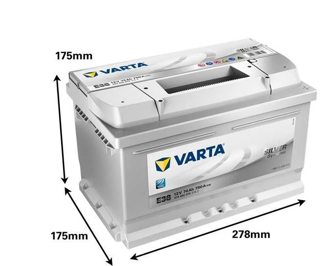 Varta automobilio akumuliatorius su techniniais matmenimis