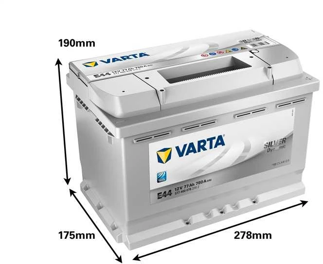 Varta E44 akumuliatorius su matmenų schema