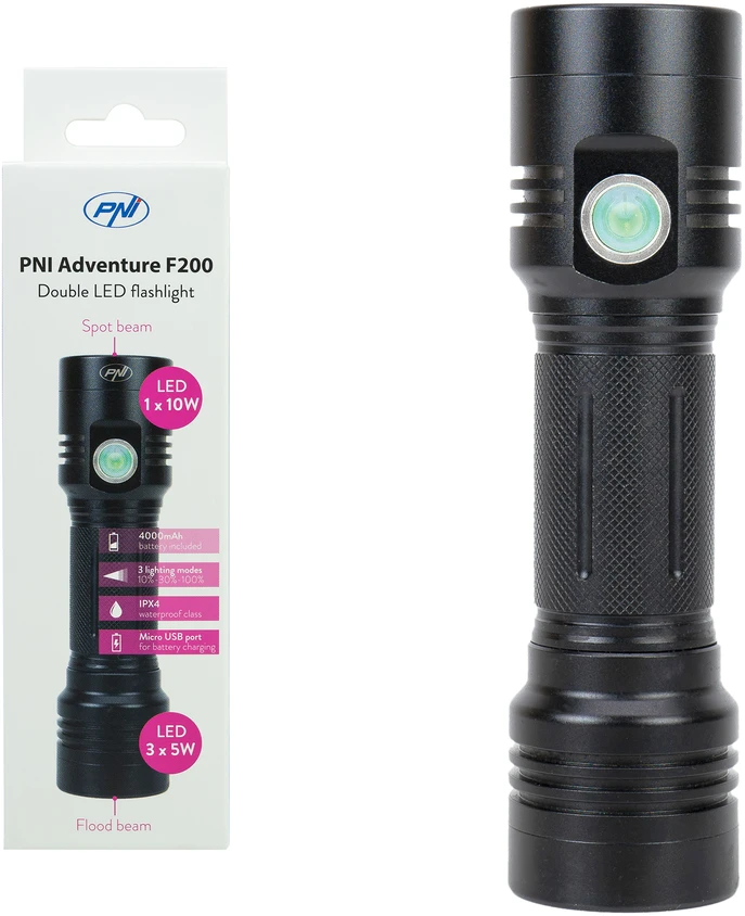 Aliumininis PNI Adventure F200 dvigubas LED žibintuvėlis, 4000mAh baterija ir micro USB jungtis, 3 LED su plačia diafragma ir vienas su fokusavimo funkcija, abu turi 3 galios lygius