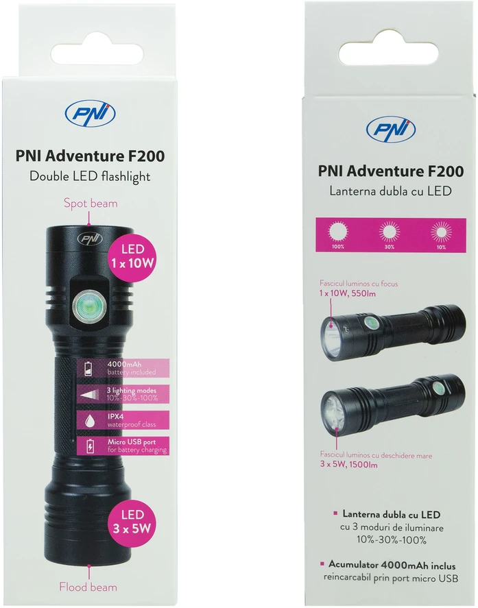 Aliumininis PNI Adventure F200 dvigubas LED žibintuvėlis, 4000mAh baterija ir micro USB jungtis, 3 LED su plačia diafragma ir vienas su fokusavimo funkcija, abu turi 3 galios lygius