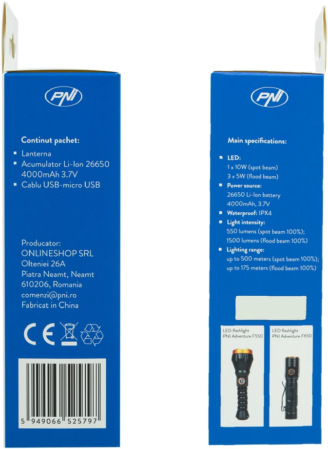 Aliumininis PNI Adventure F200 dvigubas LED žibintuvėlis, 4000mAh baterija ir micro USB jungtis, 3 LED su plačia diafragma ir vienas su fokusavimo funkcija, abu turi 3 galios lygius