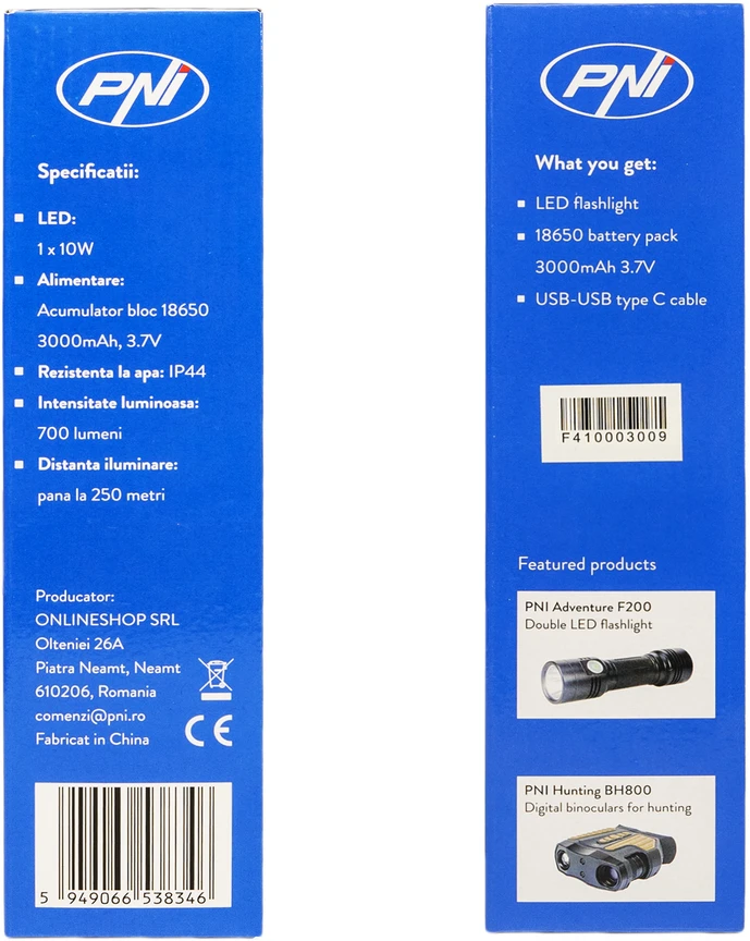 Aliumininis žibintuvėlis PNI Adventure F410, su 10W LED, 700 liumenų, iki 250 m, IP44, USB Type C, komplekte 3000mAh baterijos