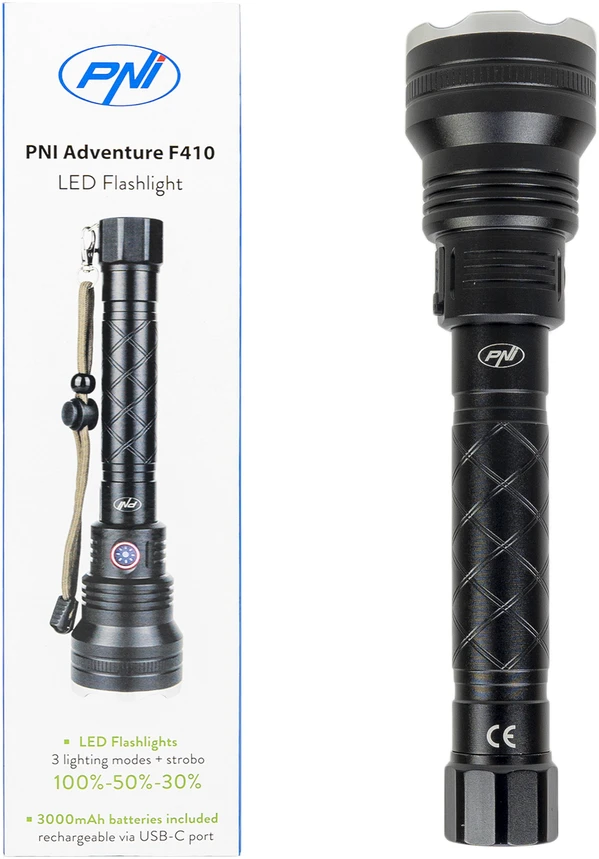 Aliumininis žibintuvėlis PNI Adventure F410, su 10W LED, 700 liumenų, iki 250 m, IP44, USB Type C, komplekte 3000mAh baterijos