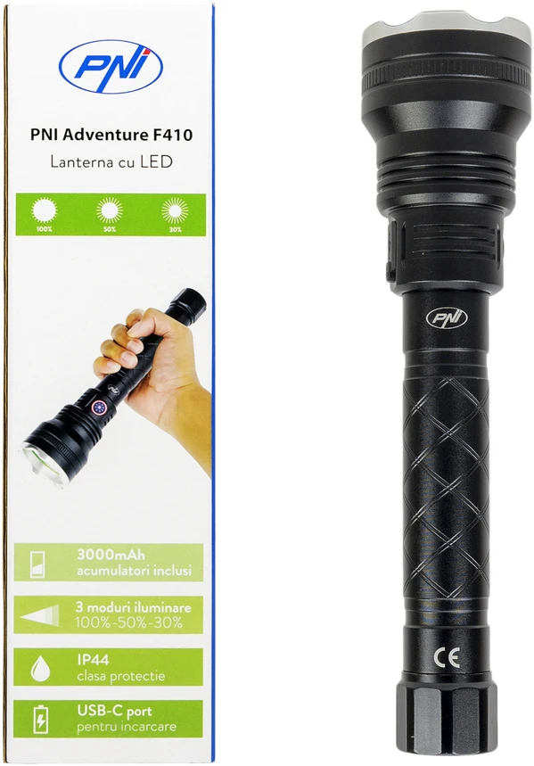 Aliumininis žibintuvėlis PNI Adventure F410, su 10W LED, 700 liumenų, iki 250 m, IP44, USB Type C, komplekte 3000mAh baterijos