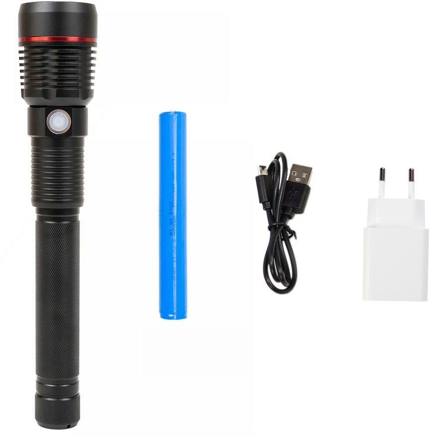 Aliumininis žibintuvėlis PNI Adventure F450, su fokusavimo funkcija, BOOST, LED 20 W, 1500 lm iki 450 m, 4400 mAh, IPX5, su pridedamu PNI CHG300 maitinimo šaltiniu