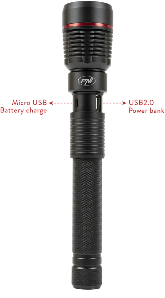 Aliumininis žibintuvėlis PNI Adventure F450, su fokusavimo funkcija, BOOST, LED 20 W, 1500 lm iki 450 m, 4400 mAh, IPX5, su pridedamu PNI CHG300 maitinimo šaltiniu