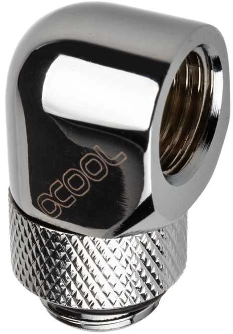 „Alphacool“ jungties adapteris 90 laipsnių G1/4 colio kištukas į G1/4 colio kištuką, pasukamas, chromuotas, su jungtimi
