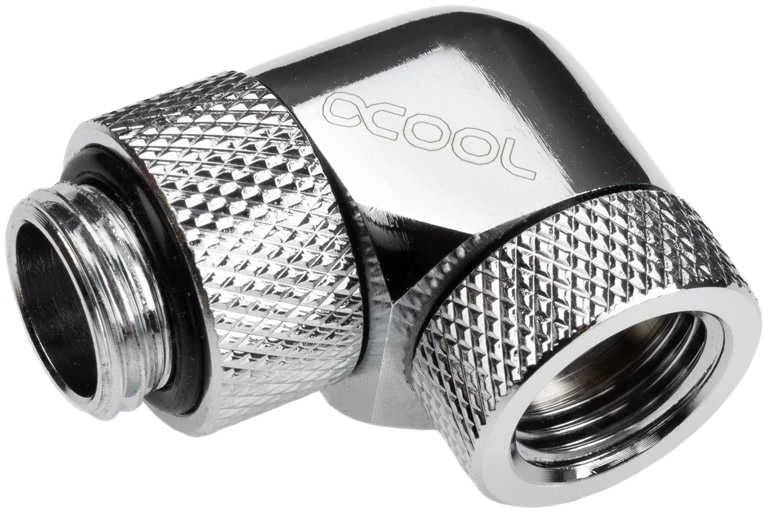 „Alphacool Eiszapfen“ 90 laipsnių pasukamas kampinis adapteris G1/4 lizdas į G1/4 lizdą, chromuotas