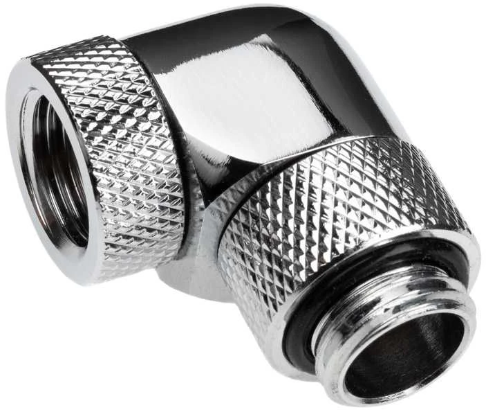 „Alphacool Eiszapfen“ 90 laipsnių pasukamas kampinis adapteris G1/4 lizdas į G1/4 lizdą, chromuotas