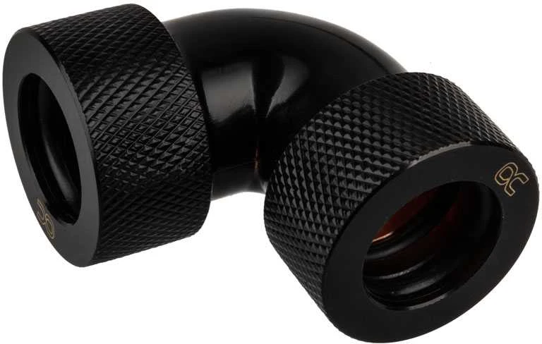 „Alphacool HT“ adapteris 90 laipsnių 16 mm išorinio skersmens ir 16 mm išorinio skersmens kietojo vamzdžio, rievėtas, juodas