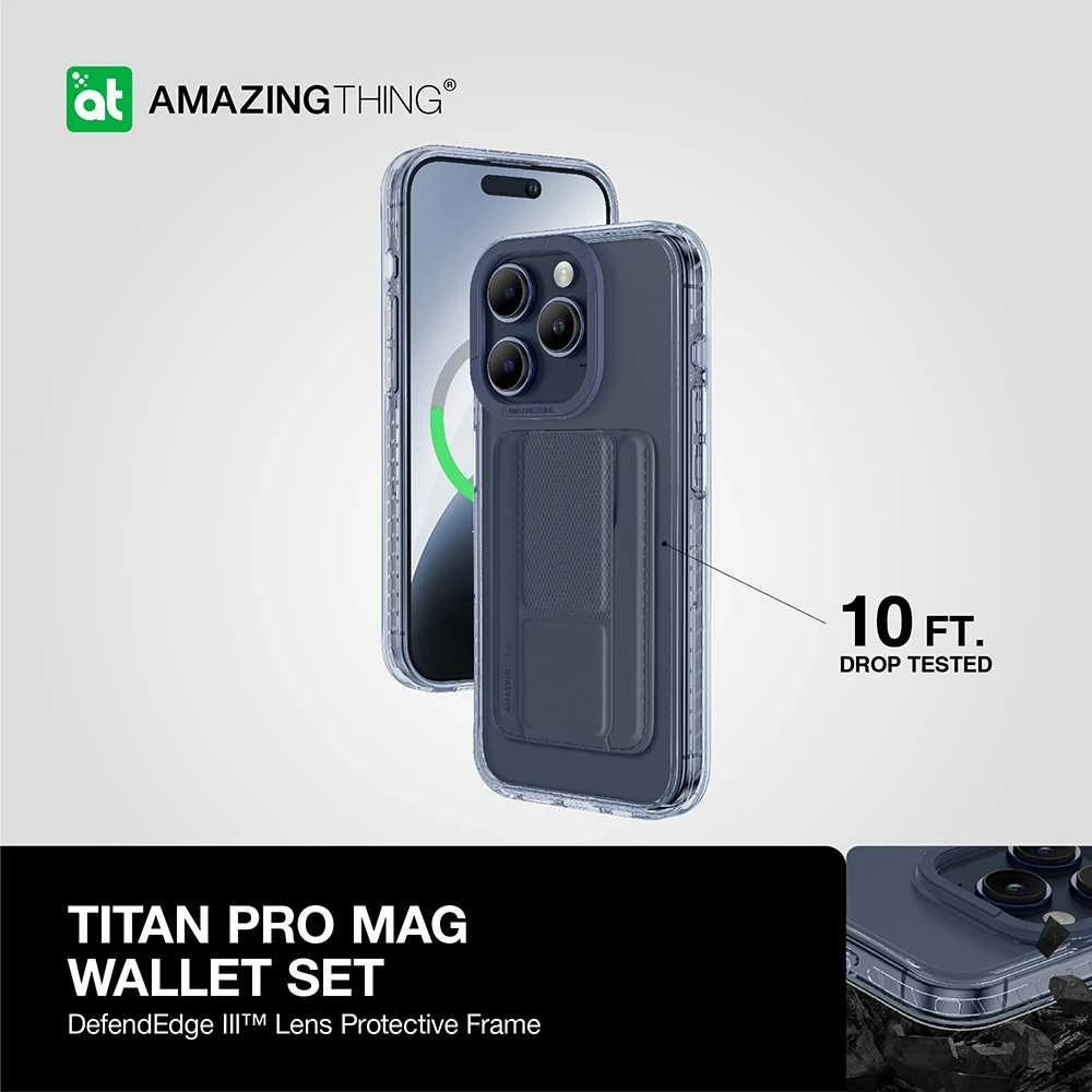 Amazing Thing Nuostabus dalykas „Titan Pro Mag“ piniginės dėklas telefonui 10FT IP156.1PTWBU „iPhone 15 Pro“ mėlynos spalvos su stovu